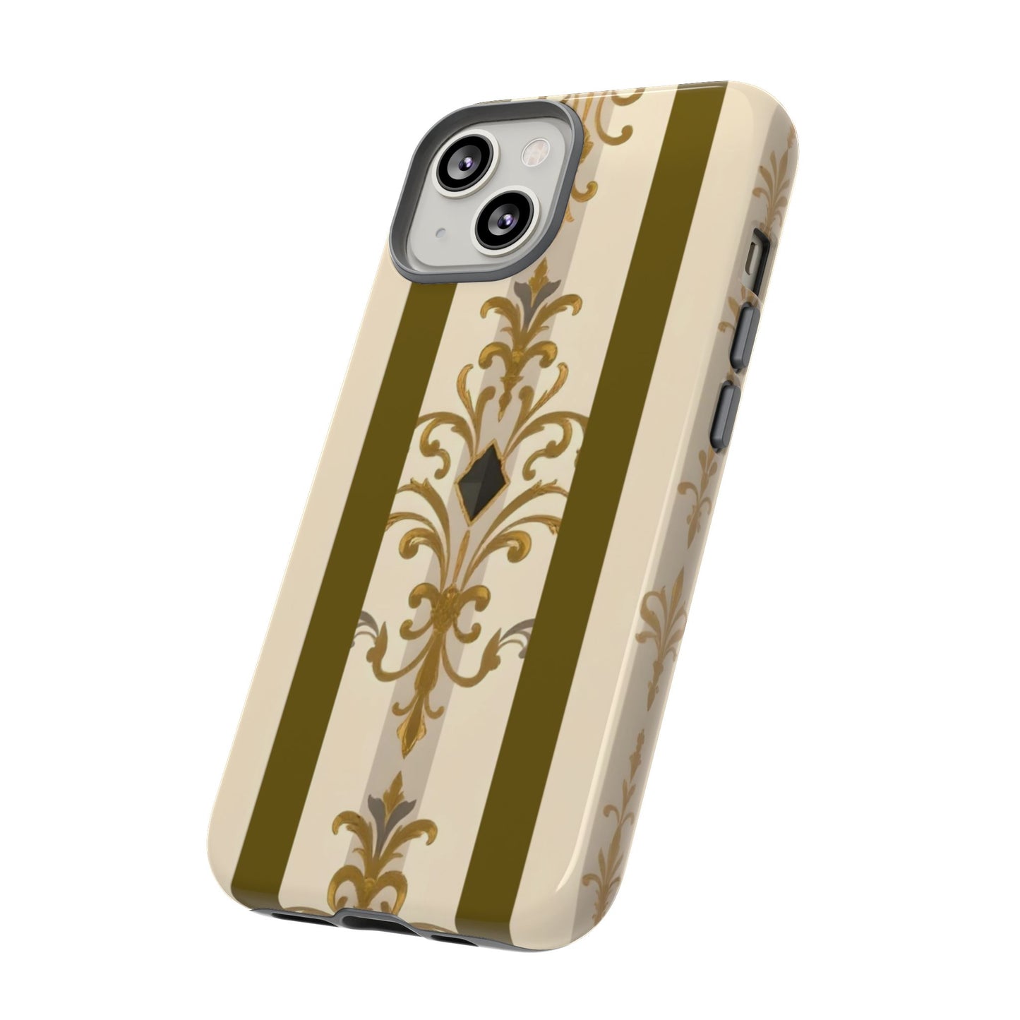 Elegant Floral Motif Phone Case - Tough Cases with Vintage Design - Olive Striped Gold Damask