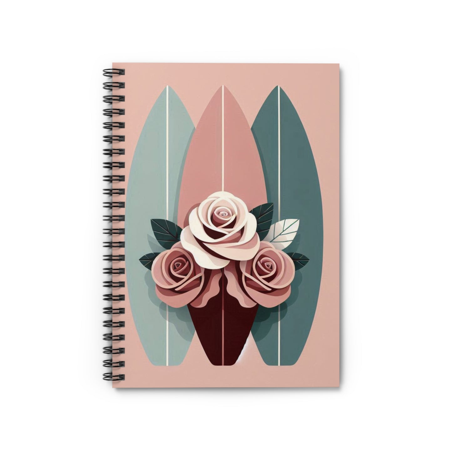Stylish Surfing Spiral Notebook - Ruled Line with Floral Design - Burgundy, Matte Mauve & Teal Surfboard & Roses