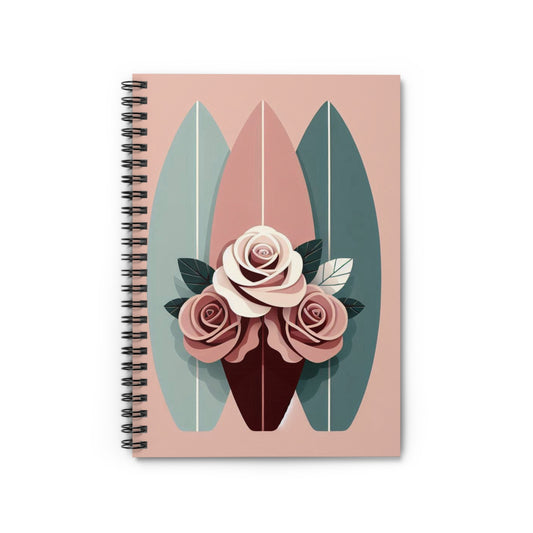 Stylish Surfing Spiral Notebook - Ruled Line with Floral Design - Burgundy, Matte Mauve & Teal Surfboard & Roses
