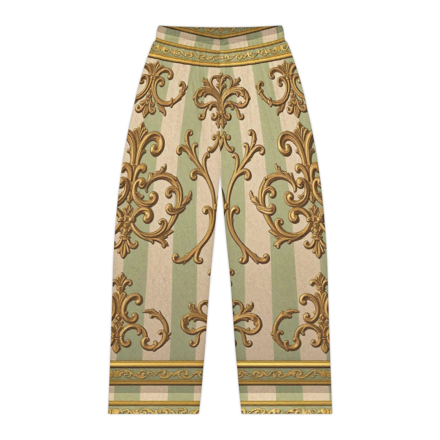 Elegant Floral Women's Pajama Pants | Cozy Loungewear for Relaxing Evenings, Sleepwear, Gift for Her - Mint & Beige Striped Gold Baroque