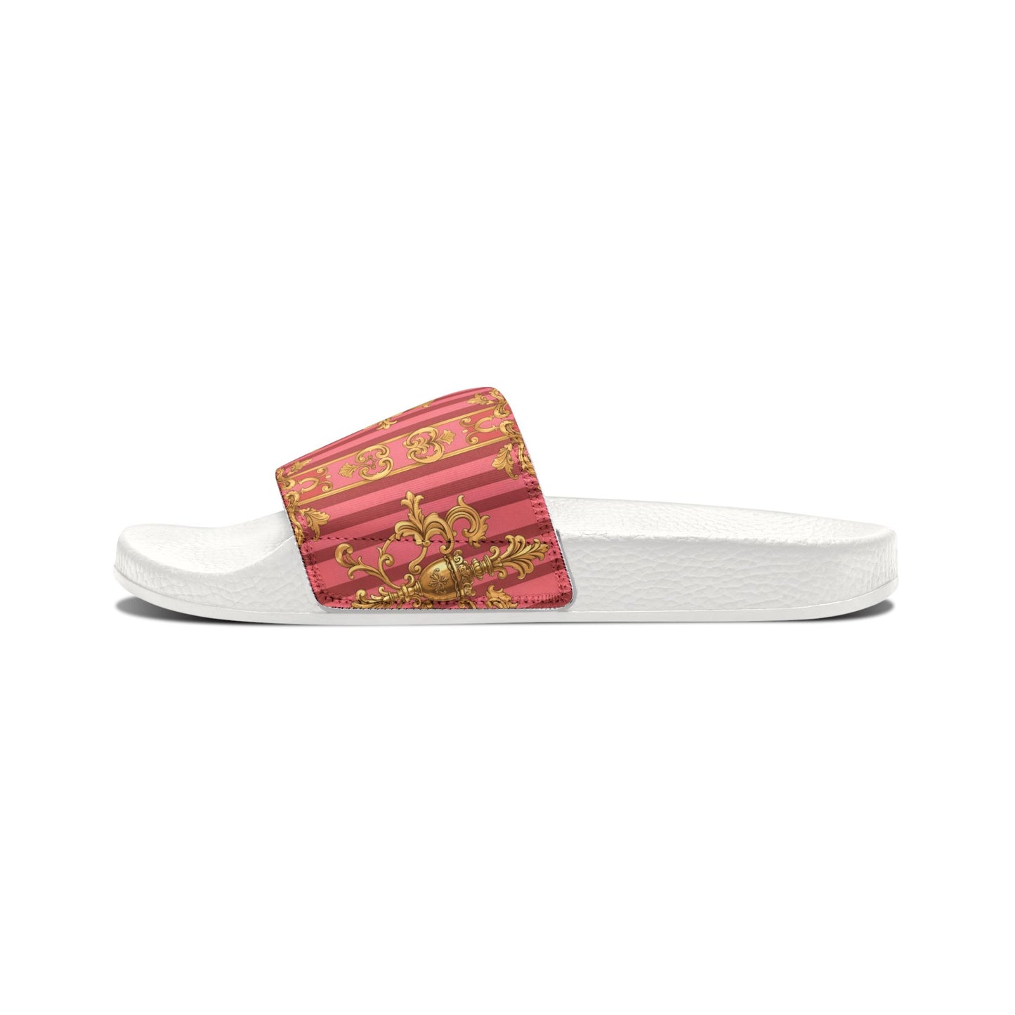 Chic Women's Removable-Strap Slides, Trendy Summer Footwear, Vacation Must-Have, Beach Sandals - Pink Striped Gold Baroque