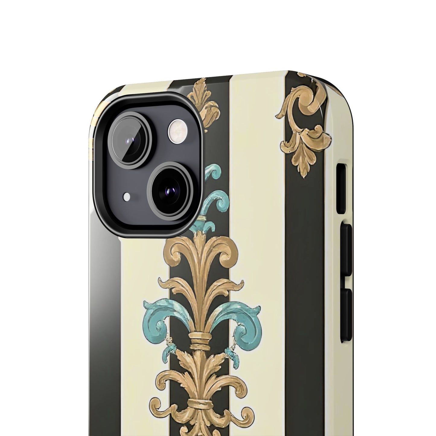 Elegant Vintage Tough Phone Cases, Stylish Phone Accessories, Quality Protection, Gifts for Her - Black Striped Turquoise & Black Rococo