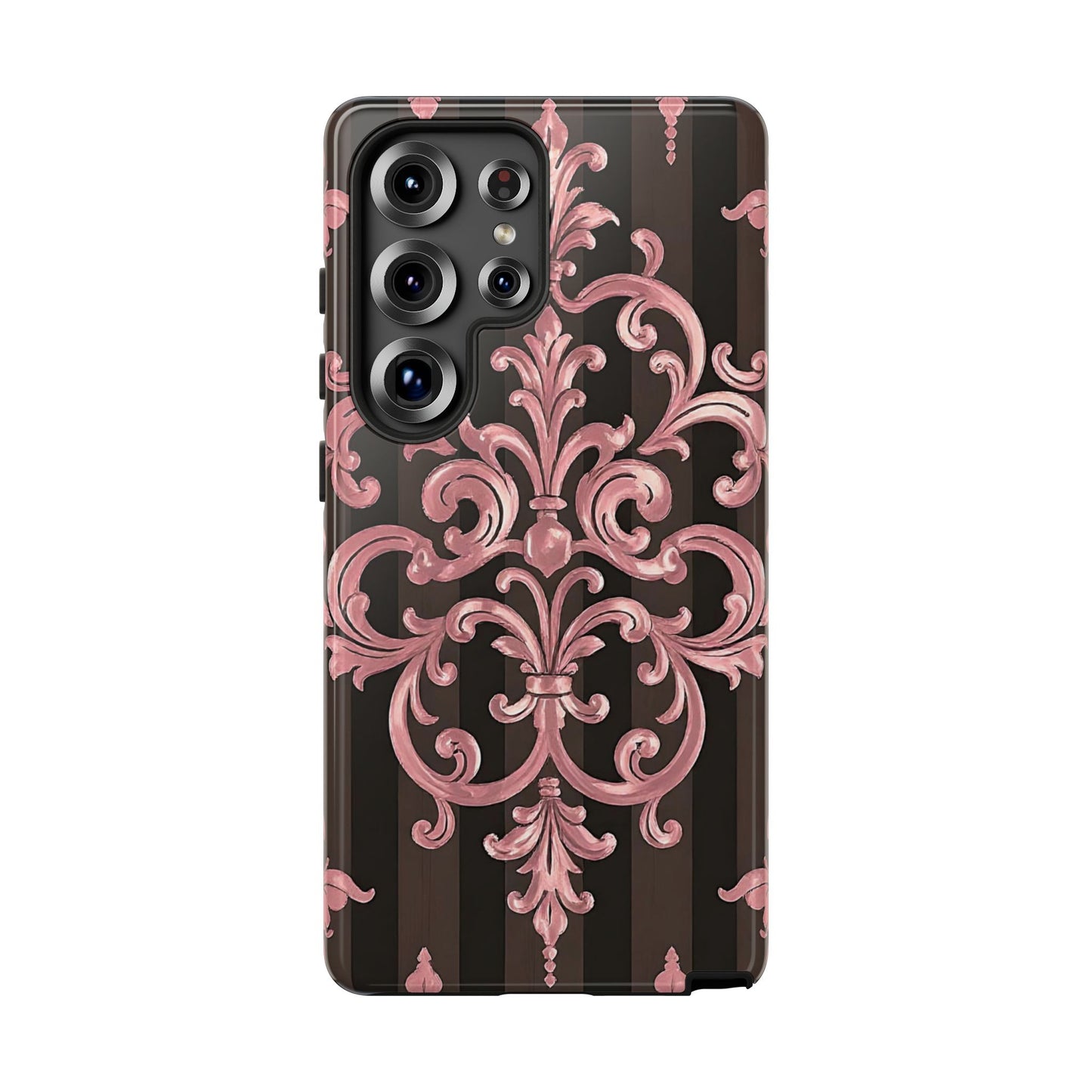 Elegant Floral Motif Phone Case - Tough Cases with Vintage Design - Brown Striped Mauve Damask