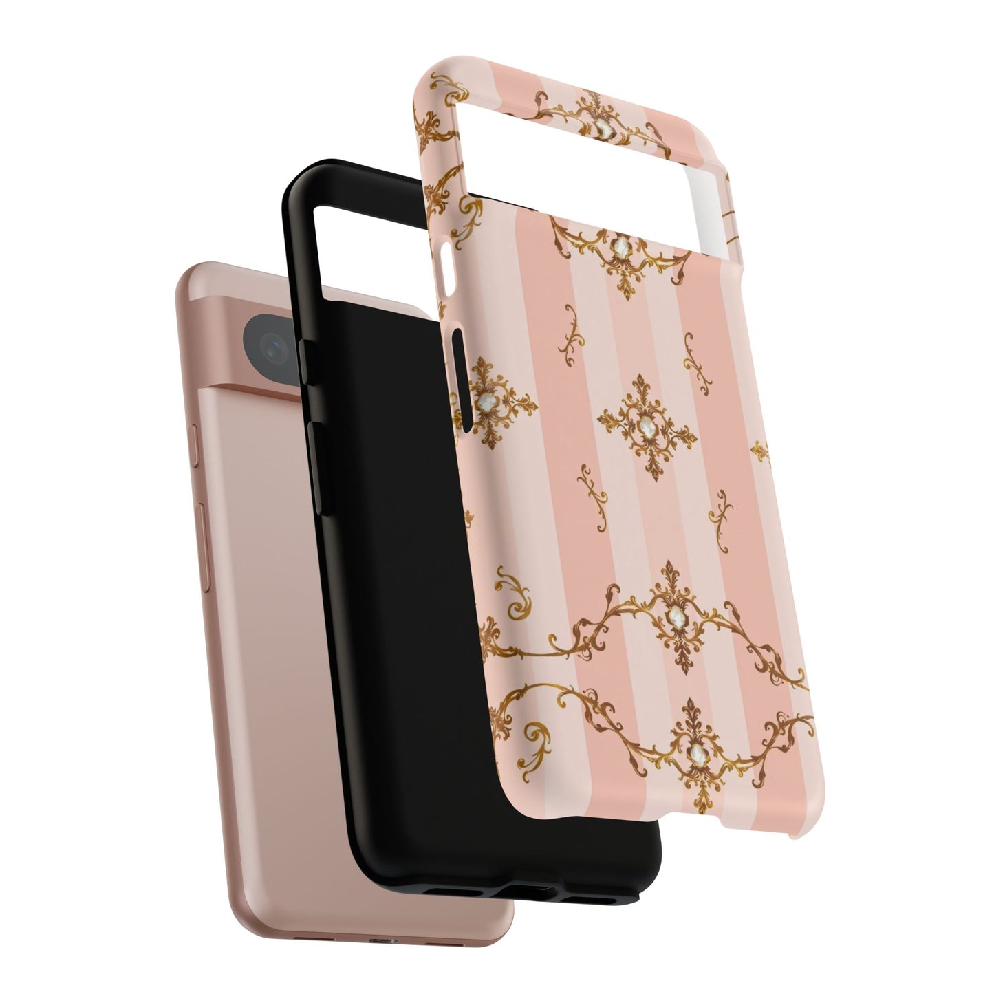 Elegant Floral Phone Case, Tough Cases for Women, Trendy Phone Cover, Chic Gift - Pink Jeweled Striped Gold Baroque