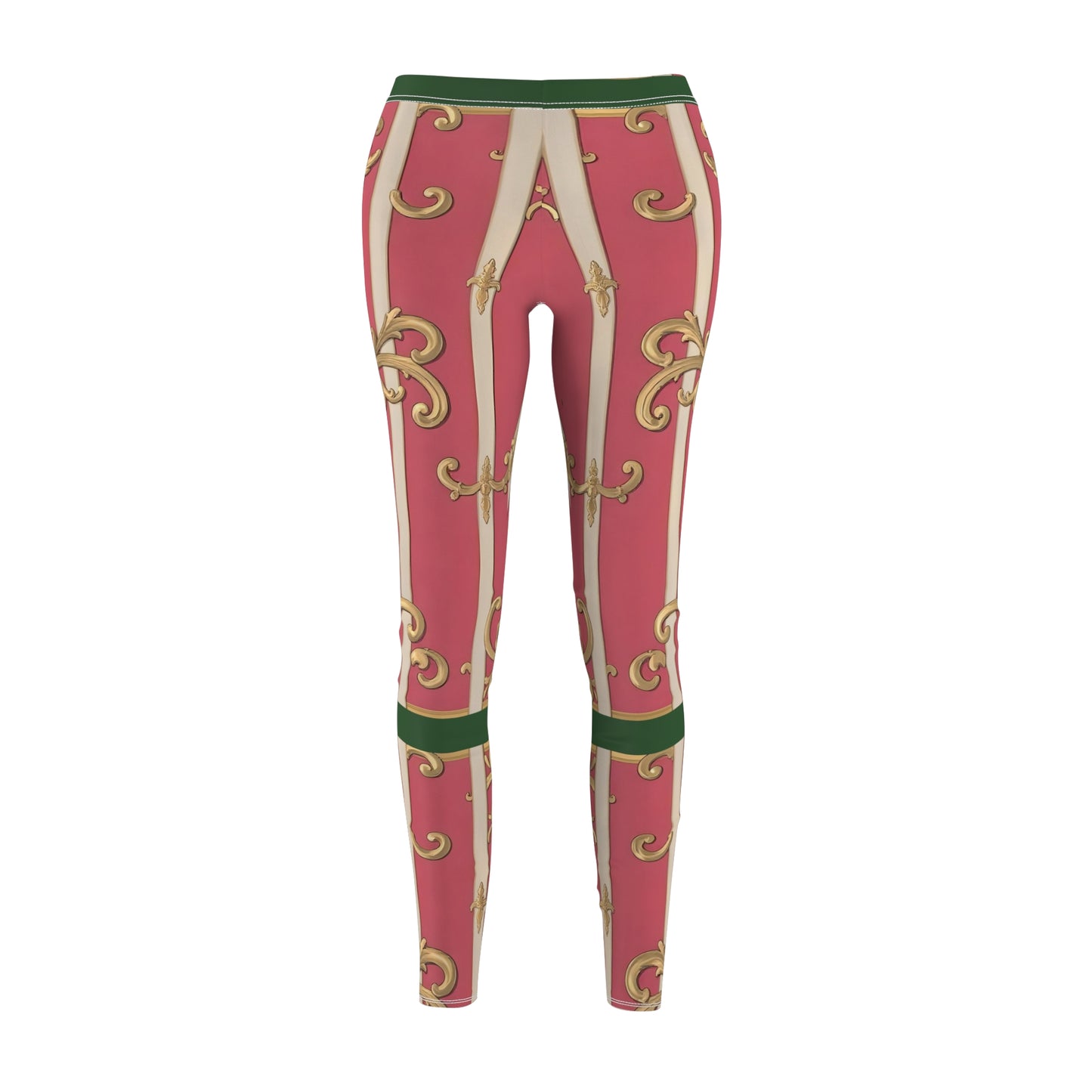 Women's Green Border Pink Striped Baroque Print Casual Leggings, Trendy Activewear, Stylish Leggings for Yoga, Everyday Wear, Holiday Gift