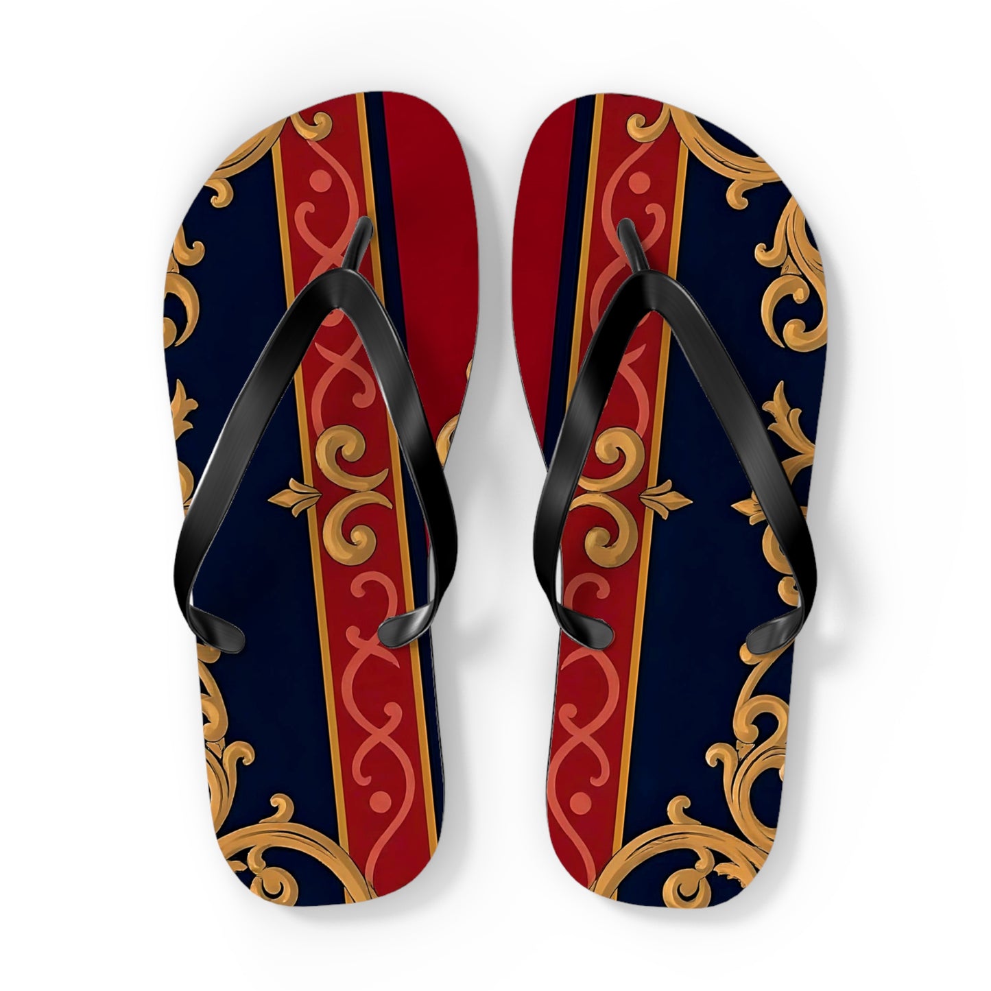 Elegant Vintage Flip Flops, Stylish Summer Footwear, Beachwear Accessories, Vacation Essentials - Midnight Blue & Dusk Red Gold Baroque