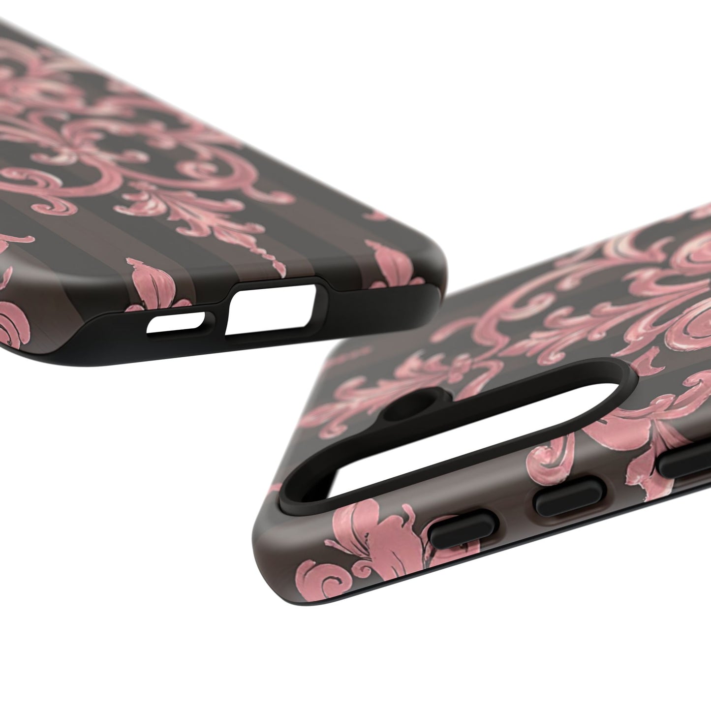 Elegant Floral Motif Phone Case - Tough Cases with Vintage Design - Brown Striped Mauve Damask