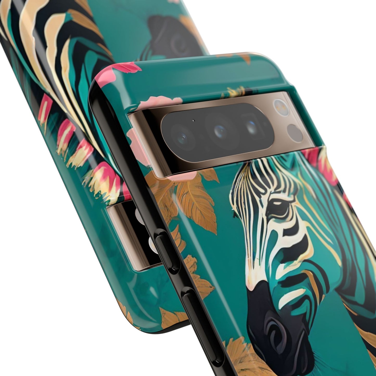 Phone Case - Elegant Teal & Gold Zebra & Roses Design