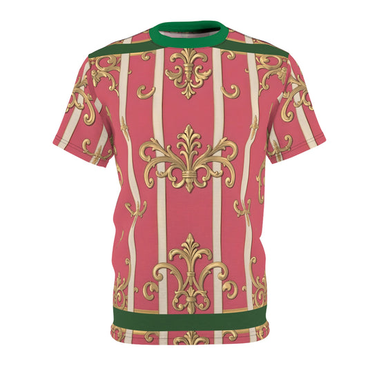 Elegant Green Border Pink Striped Baroque Unisex Tee - Chic Summer Wear, Gifts for Her, Fashion Casual Shirt, Trendy Outfit, Special Occasion Attire