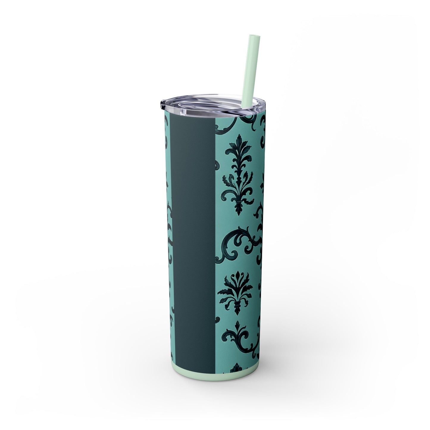 Elegant Floral Skinny Tumbler with Straw, 20oz, Personalized Drinkware, Stylish Travel Mug, Great Gift for Her - Teal Striped Rococo