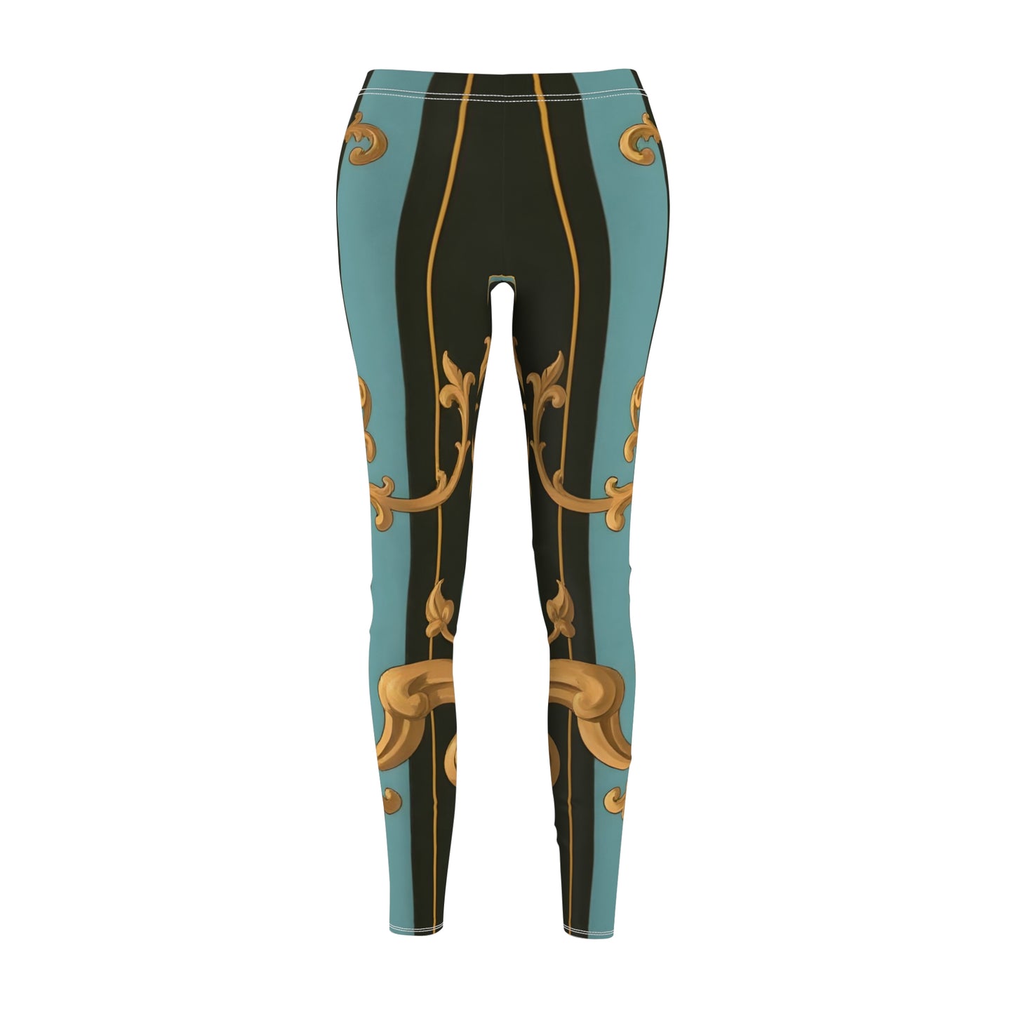 Chic Bohemian Print Leggings for Women, Casual Workout Leggings, Fashionable Yoga Pants - Black & Turquoise Striped Baroque