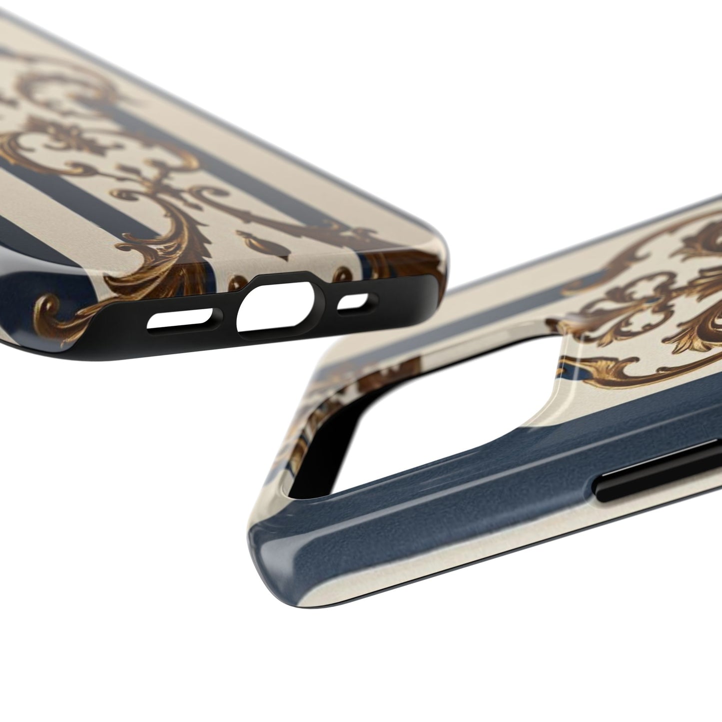 Damask Tough Phone Case - Alabaster & Blue Striped Damask