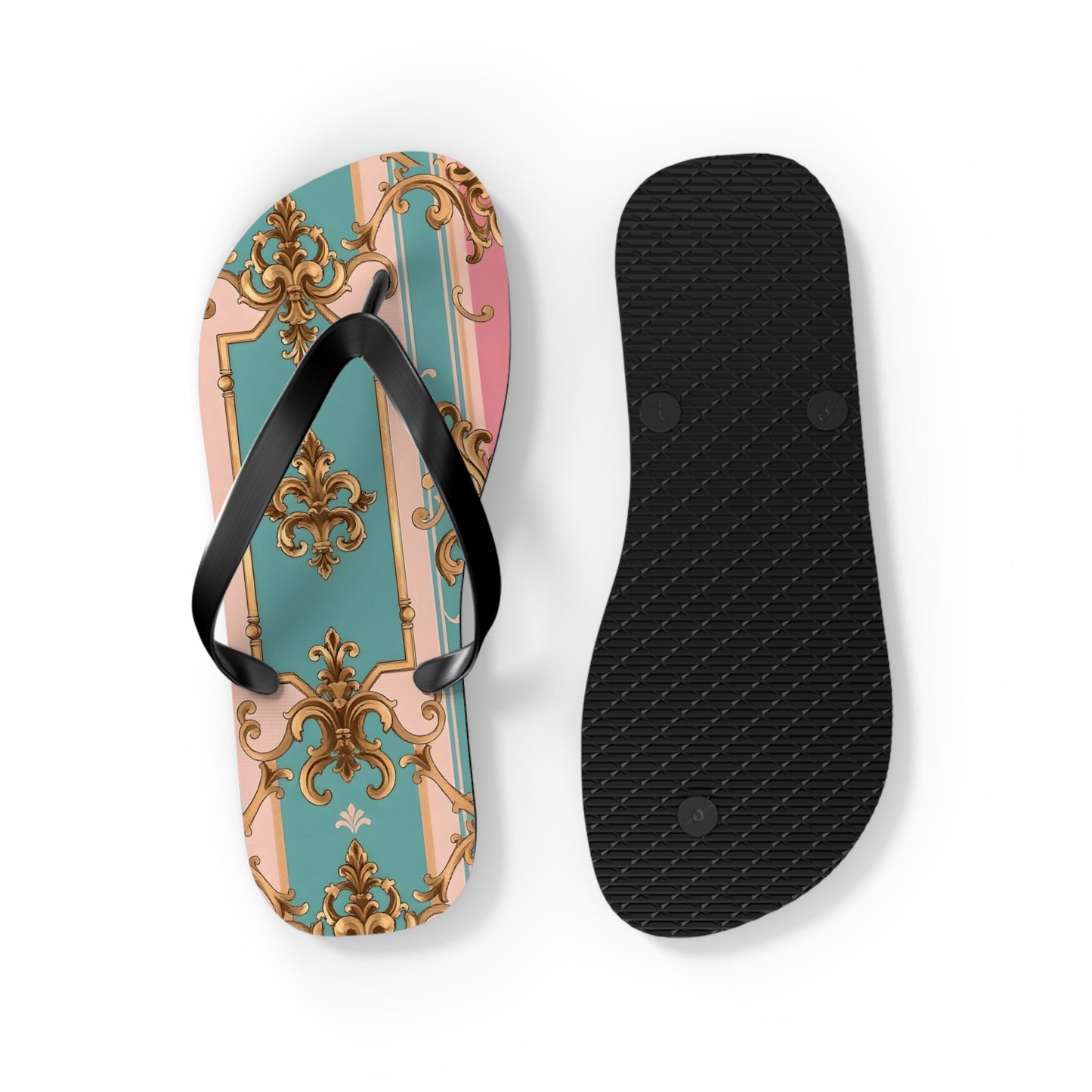 Stylish Flip Flops: Vintage Elegance for Summer Fun, Beachwear, Poolside, Vacation Essentials, Gift for Her - Pink & Matte Turquoise Striped Rococo