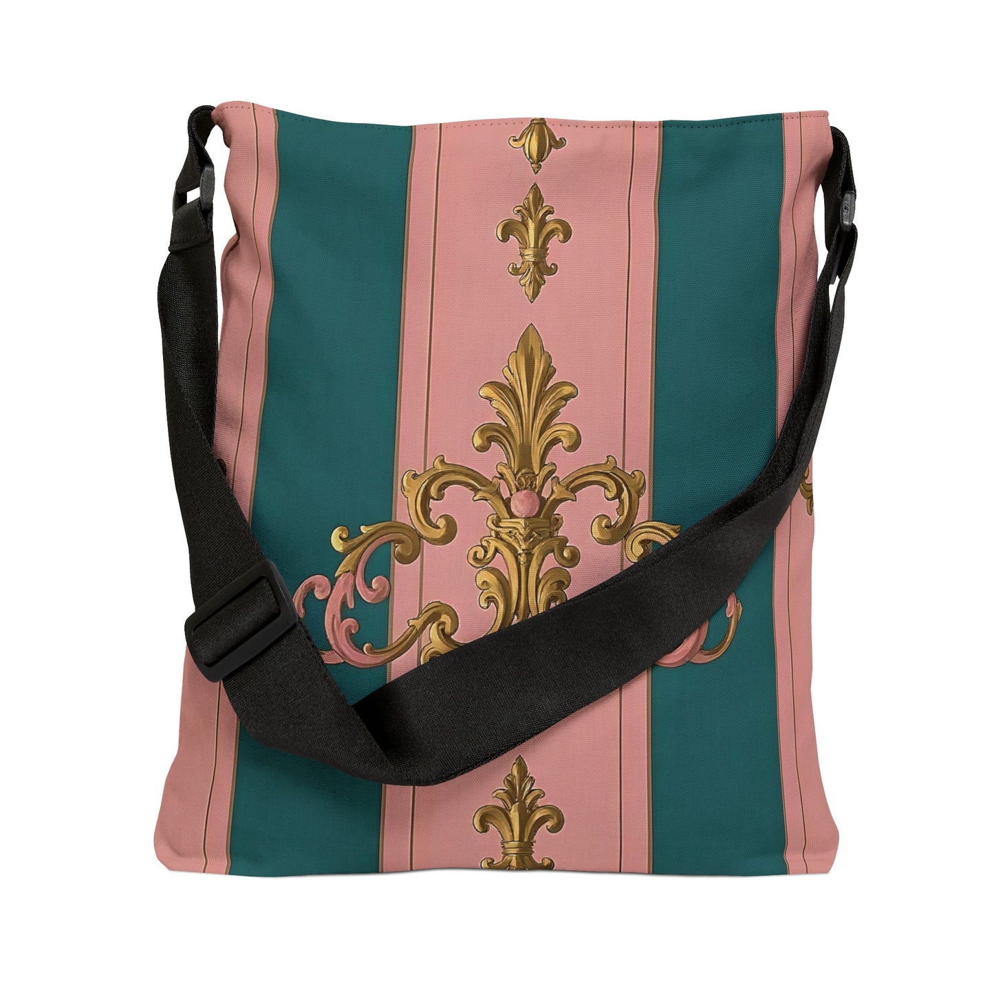 Chic Adjustable Tote Bag - Elegant Floral Design, Fashion Accessory, Everyday Bag, Gift for Her - Pink & Teal Striped Gold Baroque