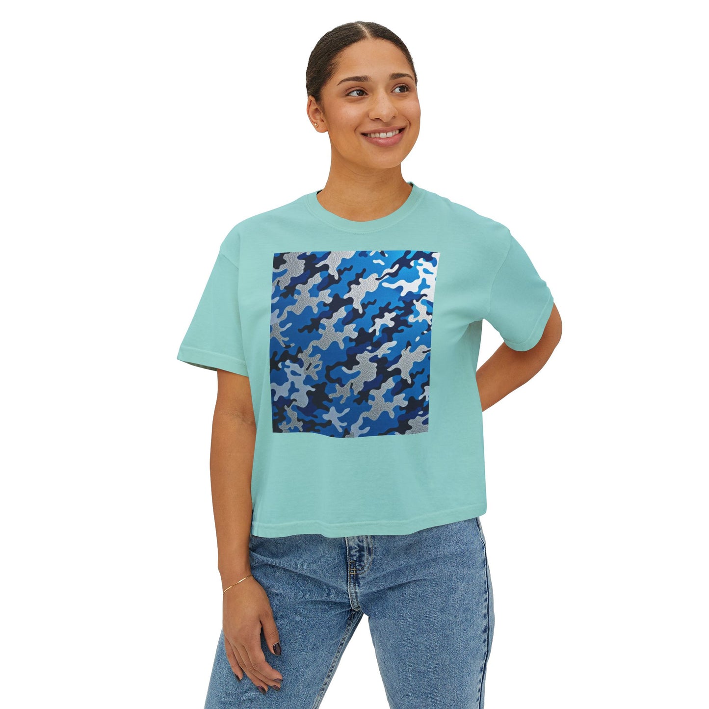 Camo Print Women's Boxy Tee, Casual Top, Summer T-Shirt, Outdoor Wear, Gift for Her, Trendy Fashion - Blue Camo