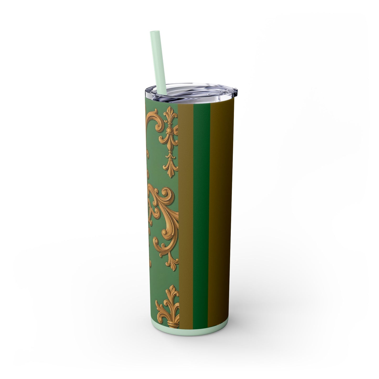 Elegant Green Pattern Skinny Tumbler with Straw, Stylish Drinkware, Gift for Her, Travel Mug, Home Decor, Floral Design - Olive Green Striped Rococo