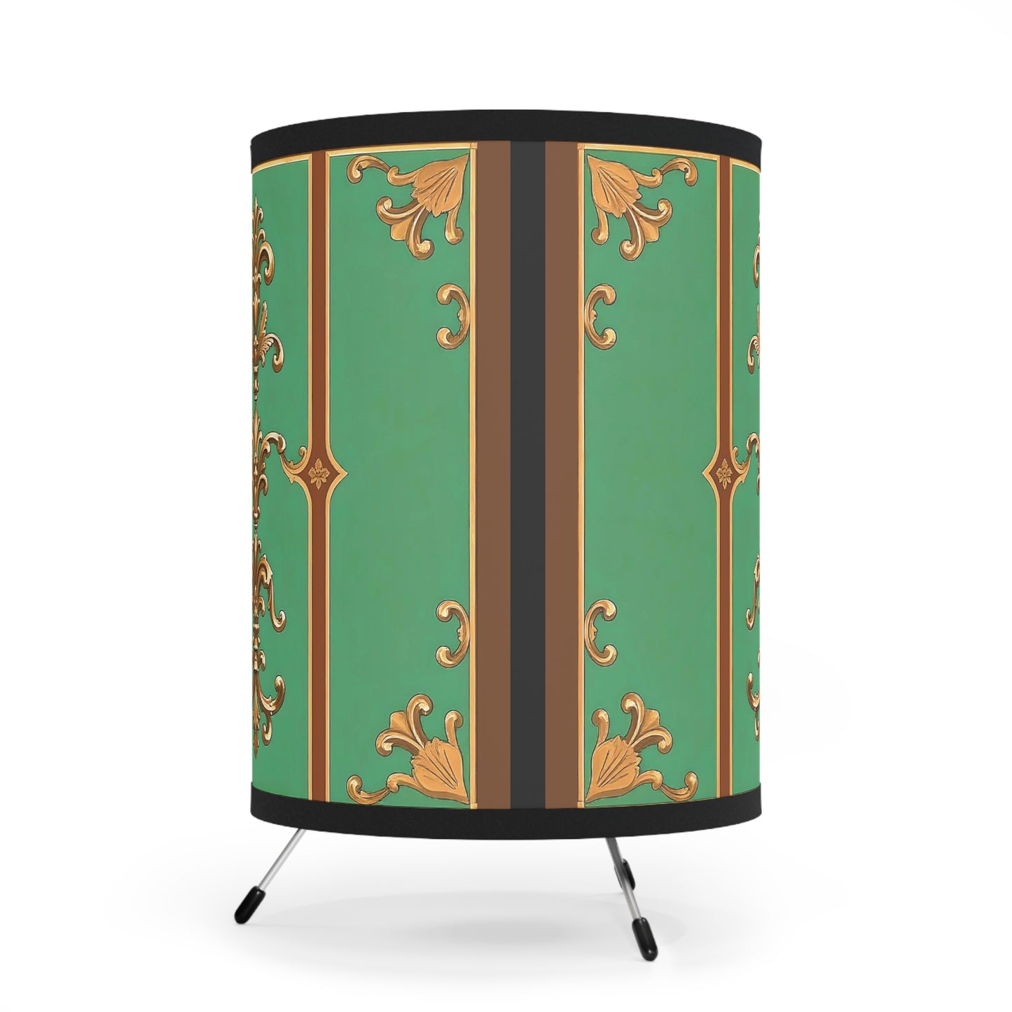 Elegant Tripod Lamp with Vintage Florals - High-Res Printed Shade - Rust & Green Striped Baroque