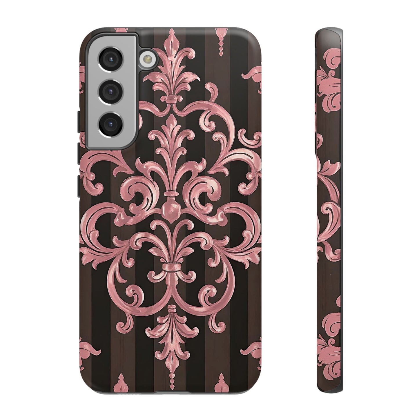 Elegant Floral Motif Phone Case - Tough Cases with Vintage Design - Brown Striped Mauve Damask