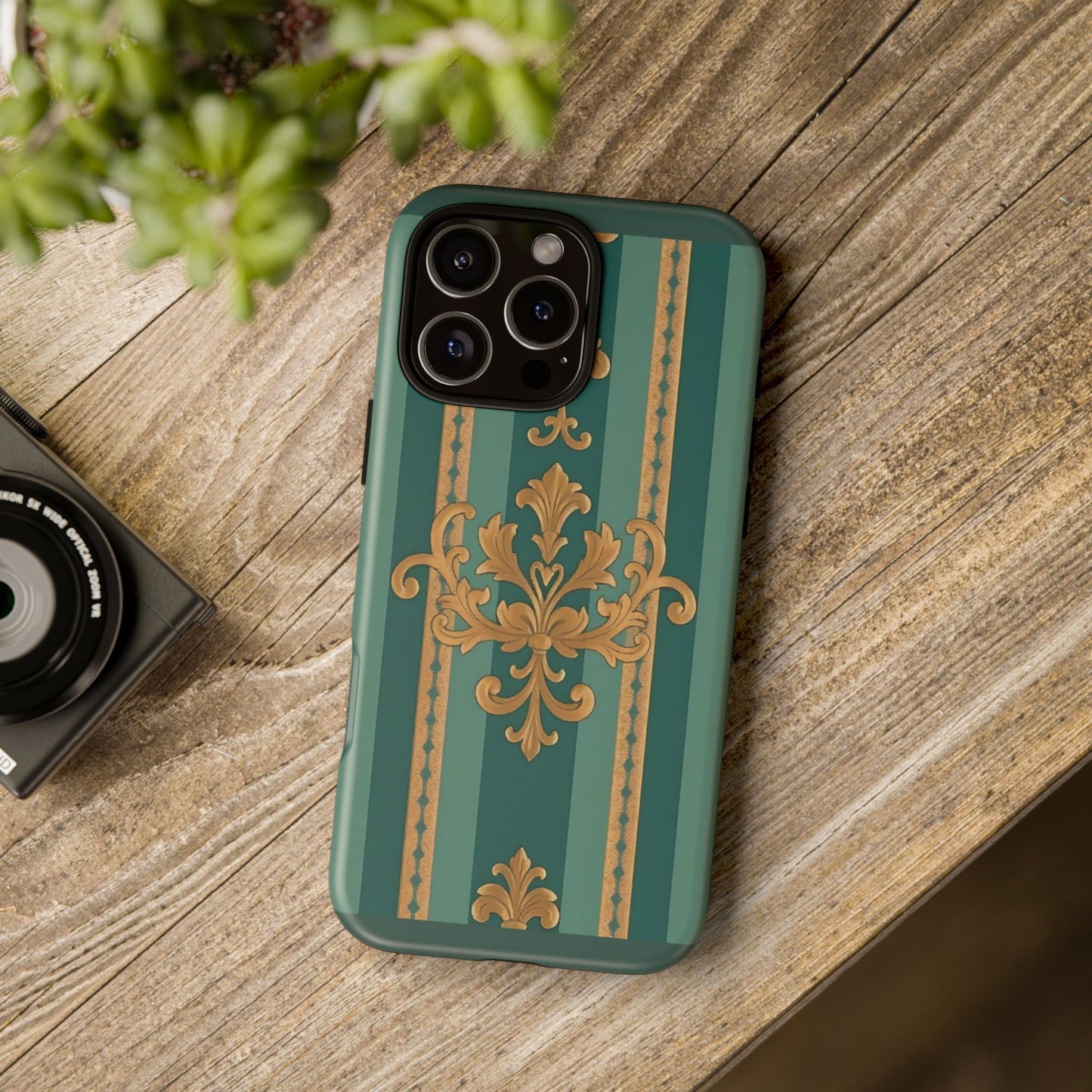 Elegant Floral Motif Phone Case - Tough Cases with Vintage Design - Teal Striped Gold Damask