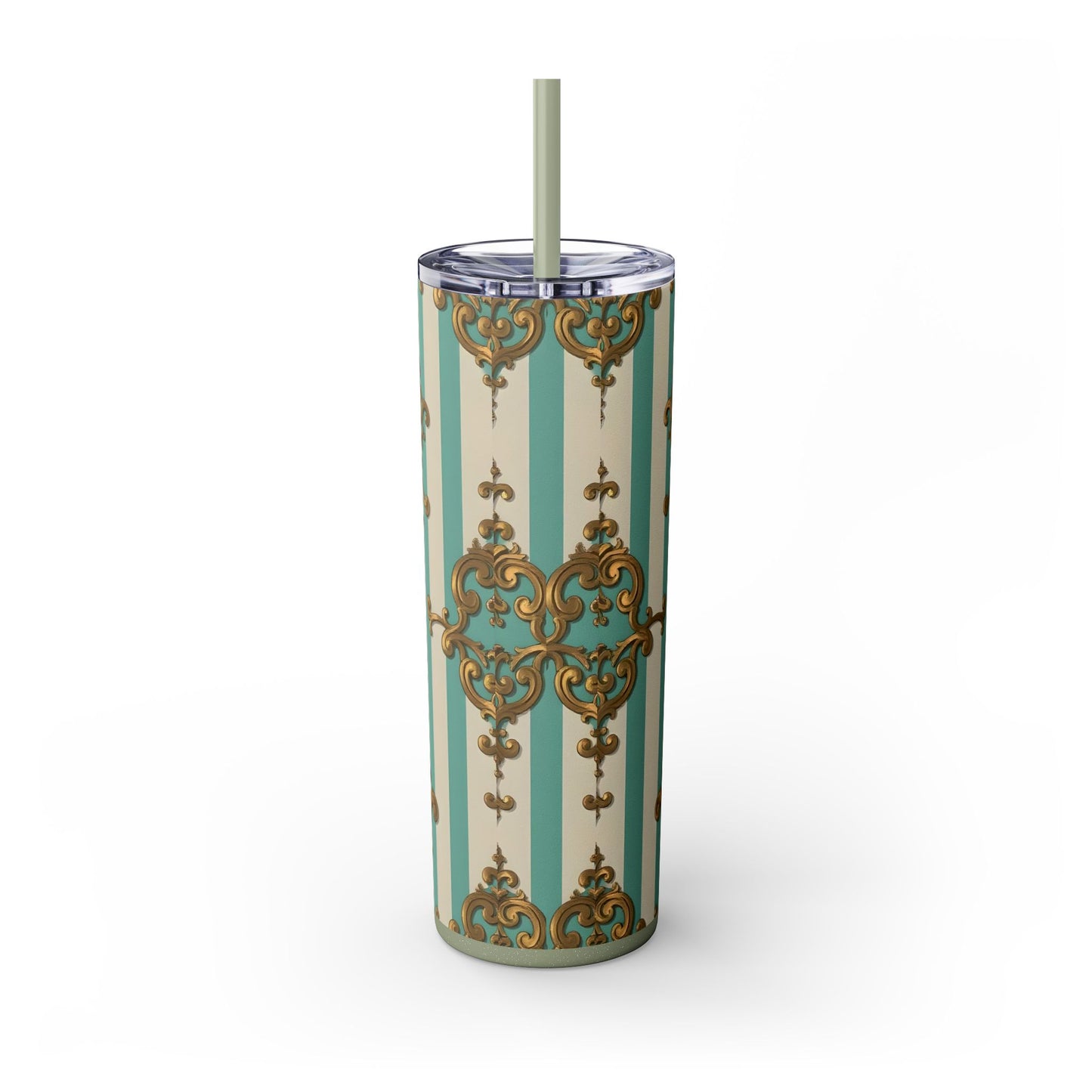 Elegant Vintage Skinny Tumbler with Straw, 20oz, Stylish Drinkware, Perfect Gift for Home, Coffee Lovers - Matte Green Striped Rococo
