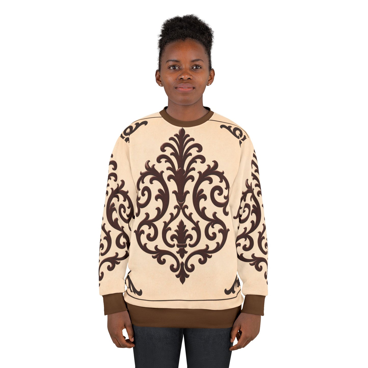 Almond-Beige & Brown Baroque Sweatshirt — Vintage Baroque Scroll Pattern All-Over Print