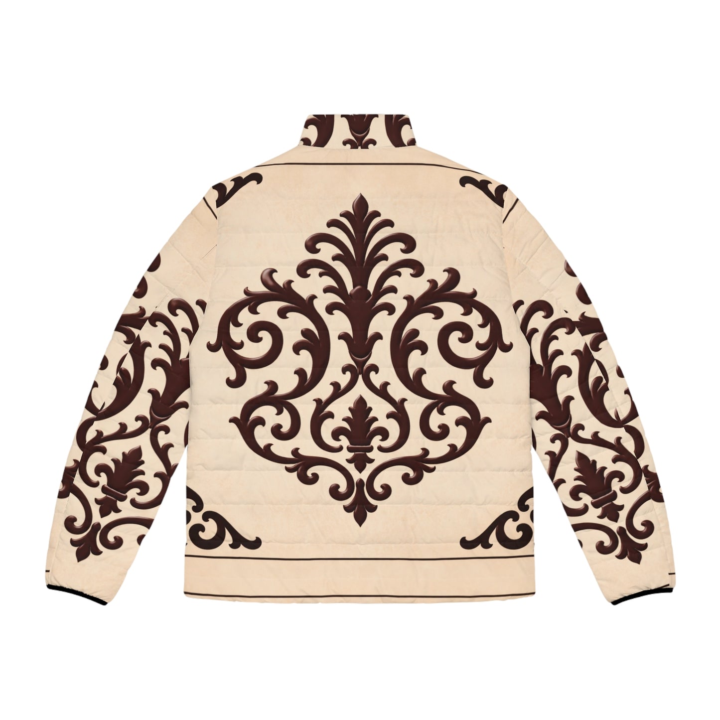 Almond-Beige & Brown Baroque Men's Baroque Pattern Puffer Jacket —Baroque Design