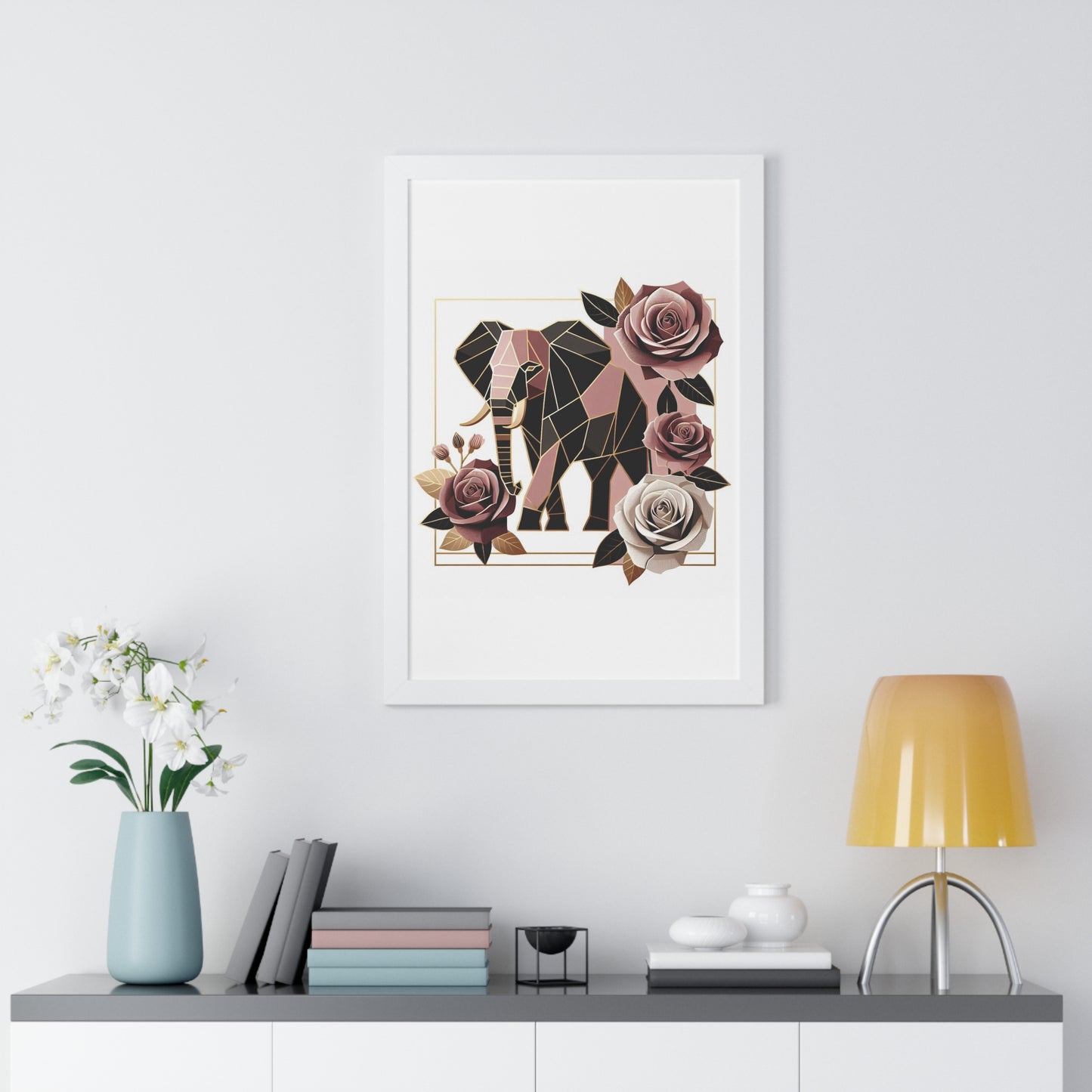 Vertical Poster - Brown & Mauve Elephant & Roses Wall Art