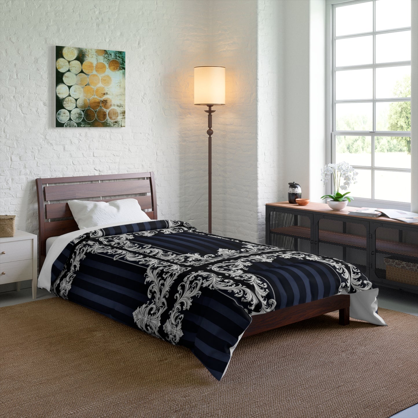 Navy Stripes & Baroque Comforter — Navy & Silver Baroque Bedroom Bedding