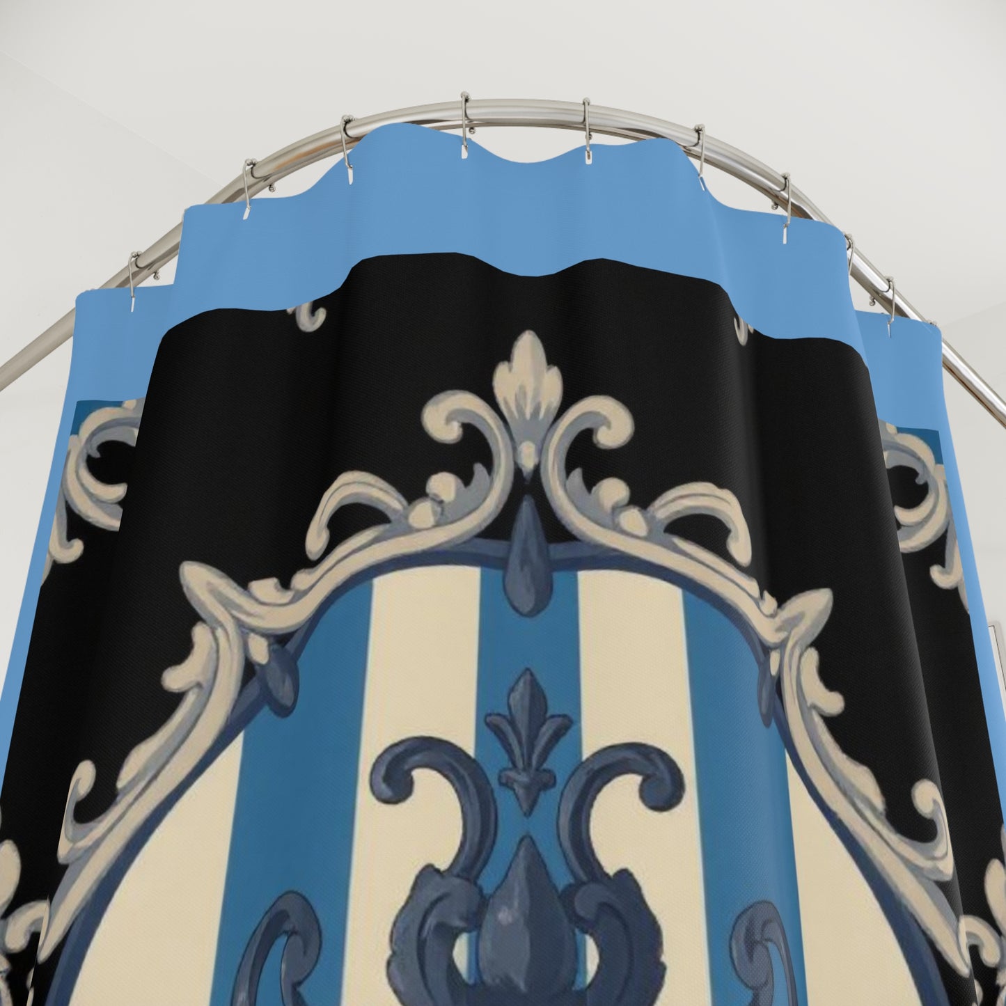 Elegant Blue & Alabaster Striped Baroque Shower Curtains with Ornate Design, Bathroom Decor, Gift for Housewarming