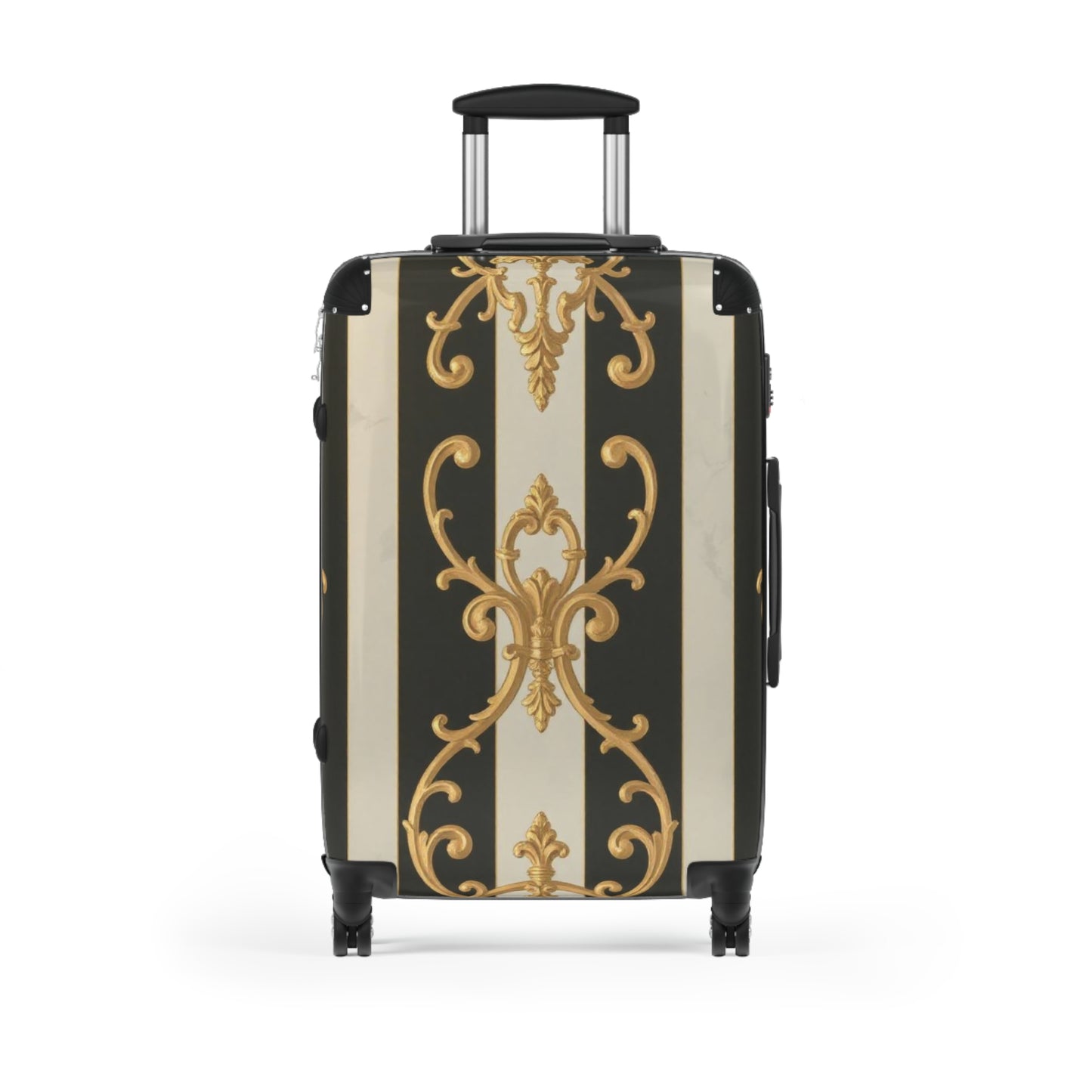 Stylish Black & Alabaster Striped Baroque Suitcase with Elegant Design, Travel Bag, Luggage, Vacation Accessories, Fashionable Carry-On