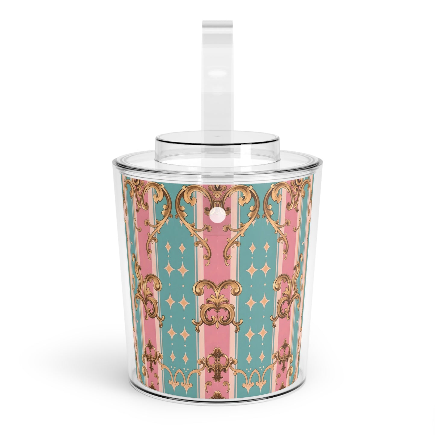 Chic Decorative Ice Bucket with Tongs, Elegant Party Cooler, Summer Beverage Chiller - Pink & Matte Turquoise Striped Rococo