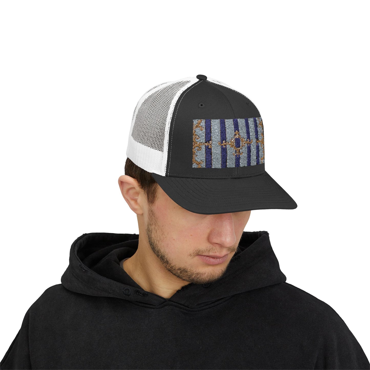 Stylish Snapback Trucker Cap with Vibrant Pattern, Trendy Hat for Outdoor Adventures, Casual Wear - Striped Gold Baroque