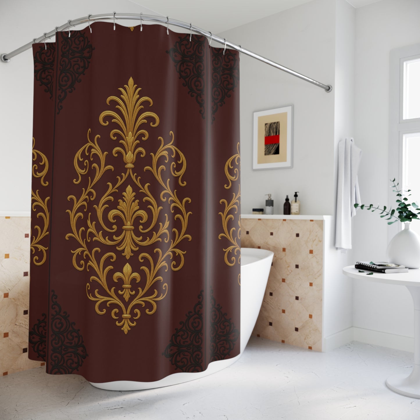 Dusk Burgundy-Black & Gold Baroque Shower Curtain — Elegant Gold Baroque Pattern on Burgundy
