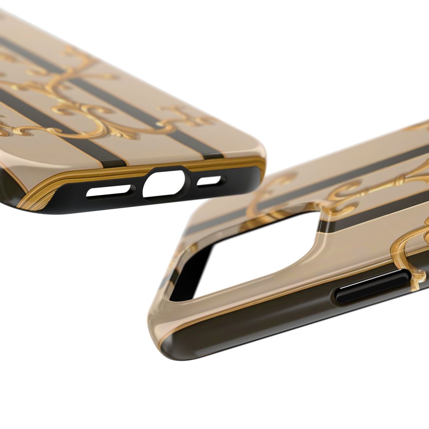 Elegant Vintage Tough Phone Case, Stylish Phone Cover, Boho Accessories, Perfect Gift for Her - Beige Striped Gold Rococo