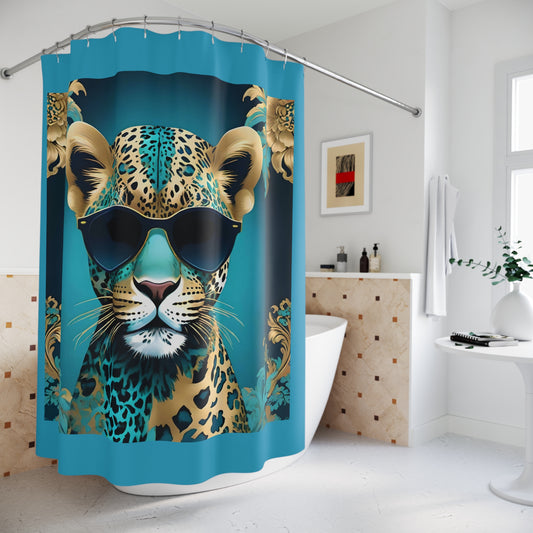 Elegant Vintage Floral Shower Curtain - Luxurious Home Décor for Classy Bathrooms - Aqua & Gold Leopard In Sunglasses Design