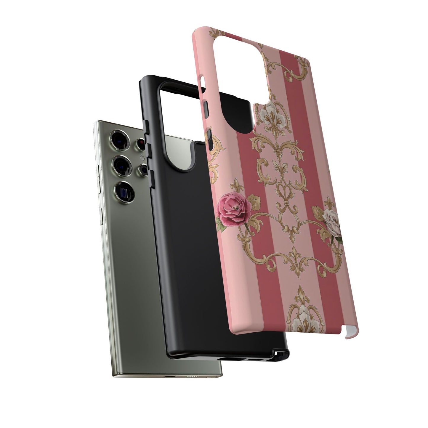 Elegant Floral Motif Phone Case - Tough Cases with Vintage Design - Pink Striped Roses & Damask