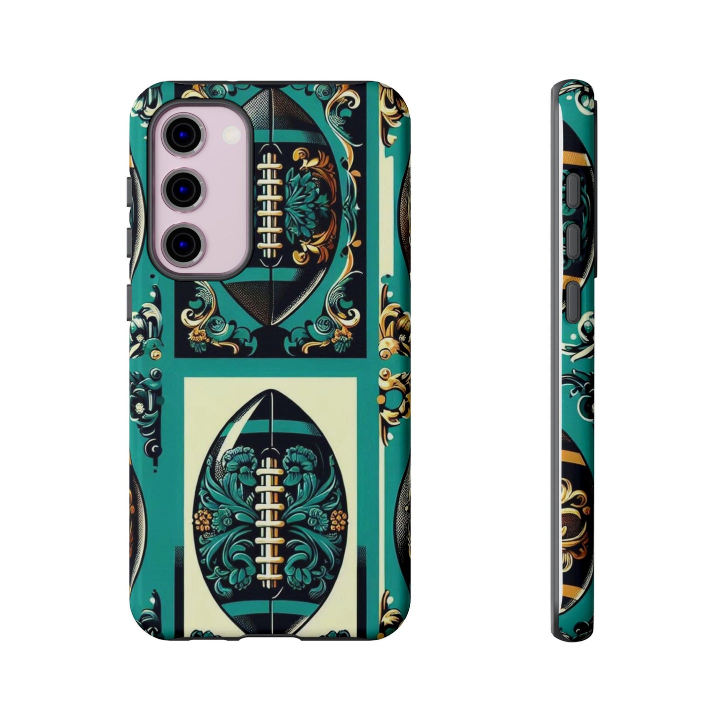 Elegant Floral Motif Phone Case - Tough Cases with Vintage Design -  Damask Teal, Gold & Black Footballs