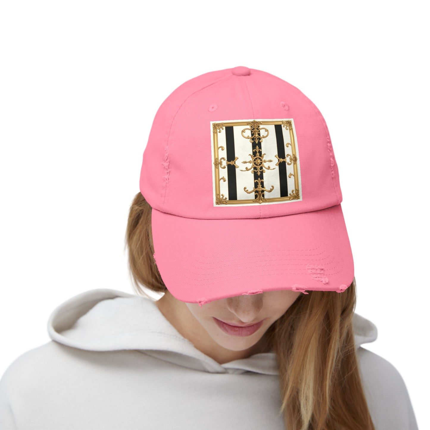 Stylish Distressed Cap with Unique Gold Design, Trendy Hat, Casual Wear, Gift for Him/Her - Black & White Striped Gold Baroque