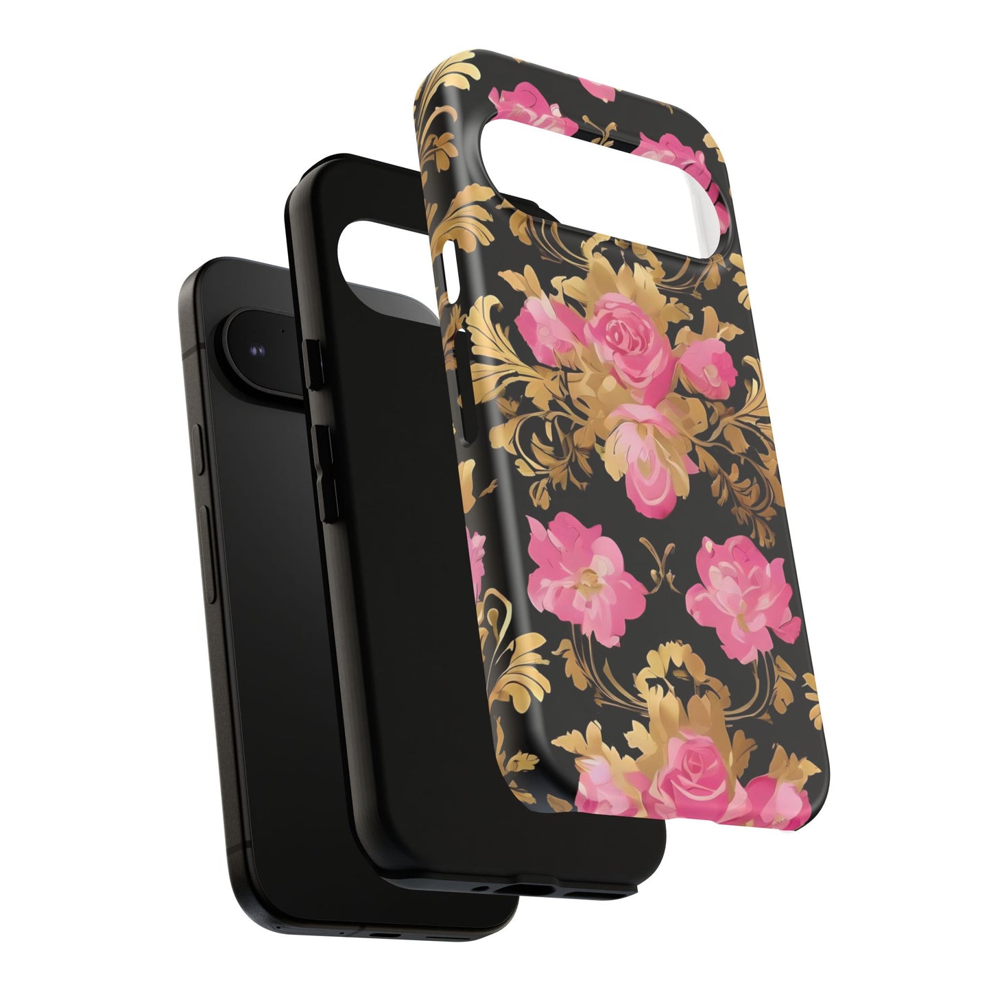 Elegant Floral Motif Phone Case - Tough Cases with Vintage Design - Pink & Gold Roses