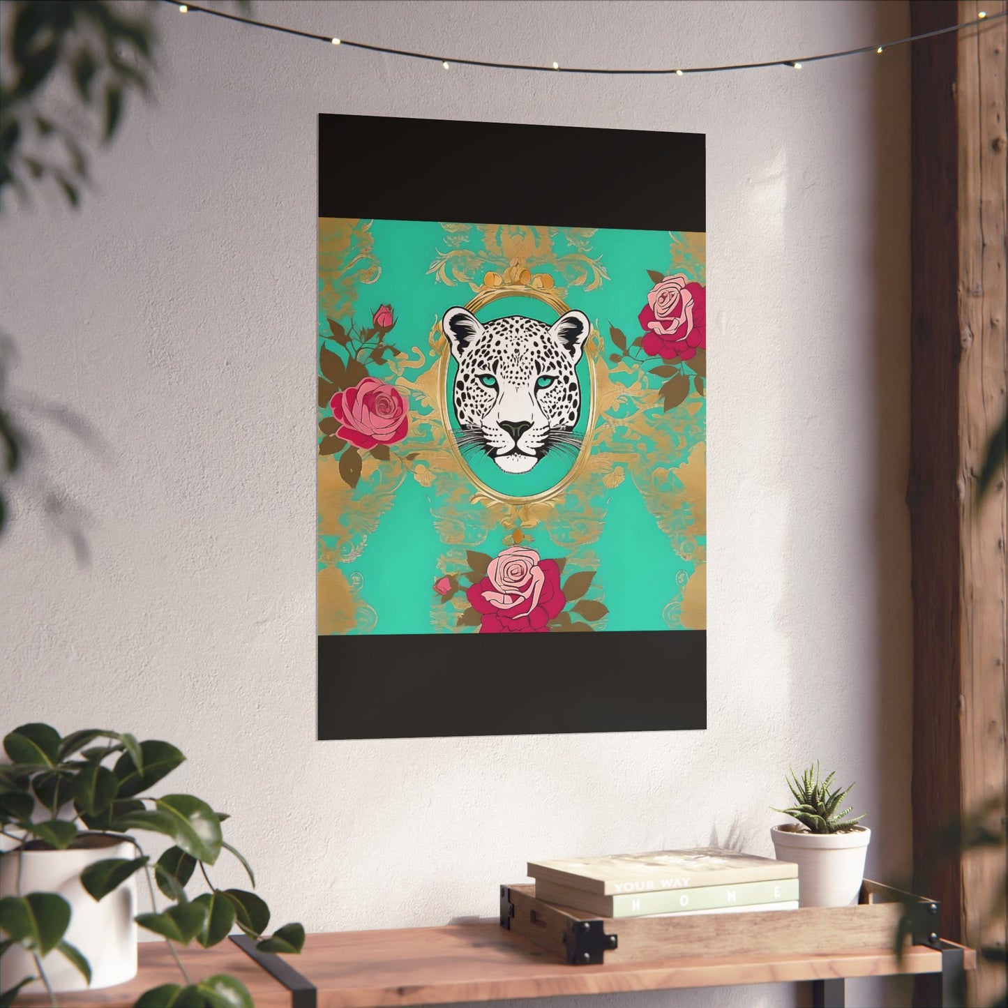 Floral Motif Art Poster - Elegant Matte Vertical Wall Decor - Leopard In Aqua With Roses