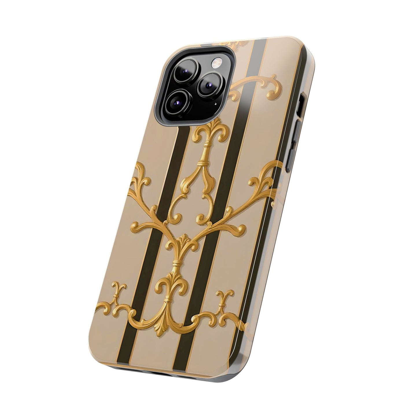 Elegant Vintage Tough Phone Case, Stylish Phone Cover, Boho Accessories, Perfect Gift for Her - Beige Striped Gold Rococo