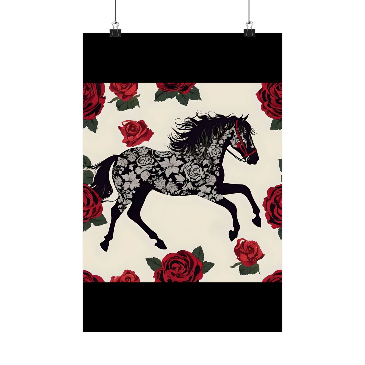 Floral Motif Art Poster - Elegant Matte Vertical Wall Decor - Horse & Roses