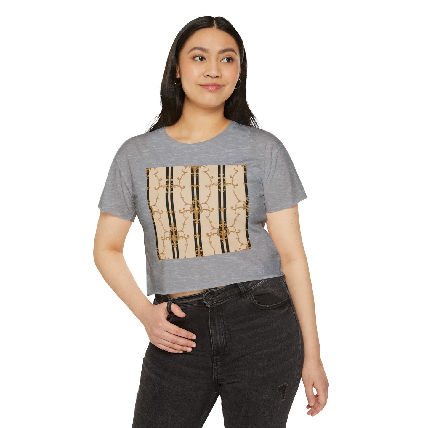 Festival Crop Top, Stylish Summer Tee, Trendy Women's Shirt, Festival Wear, Perfect for Music Events - Black & Beige Striped Damask
