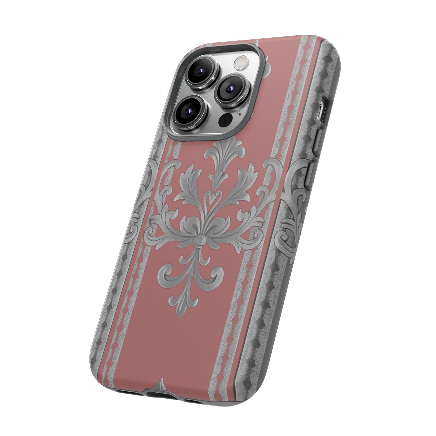 Elegant Floral Phone Case - Tough Cases for Stylish Protection - Gray & Mauve Striped Baroque