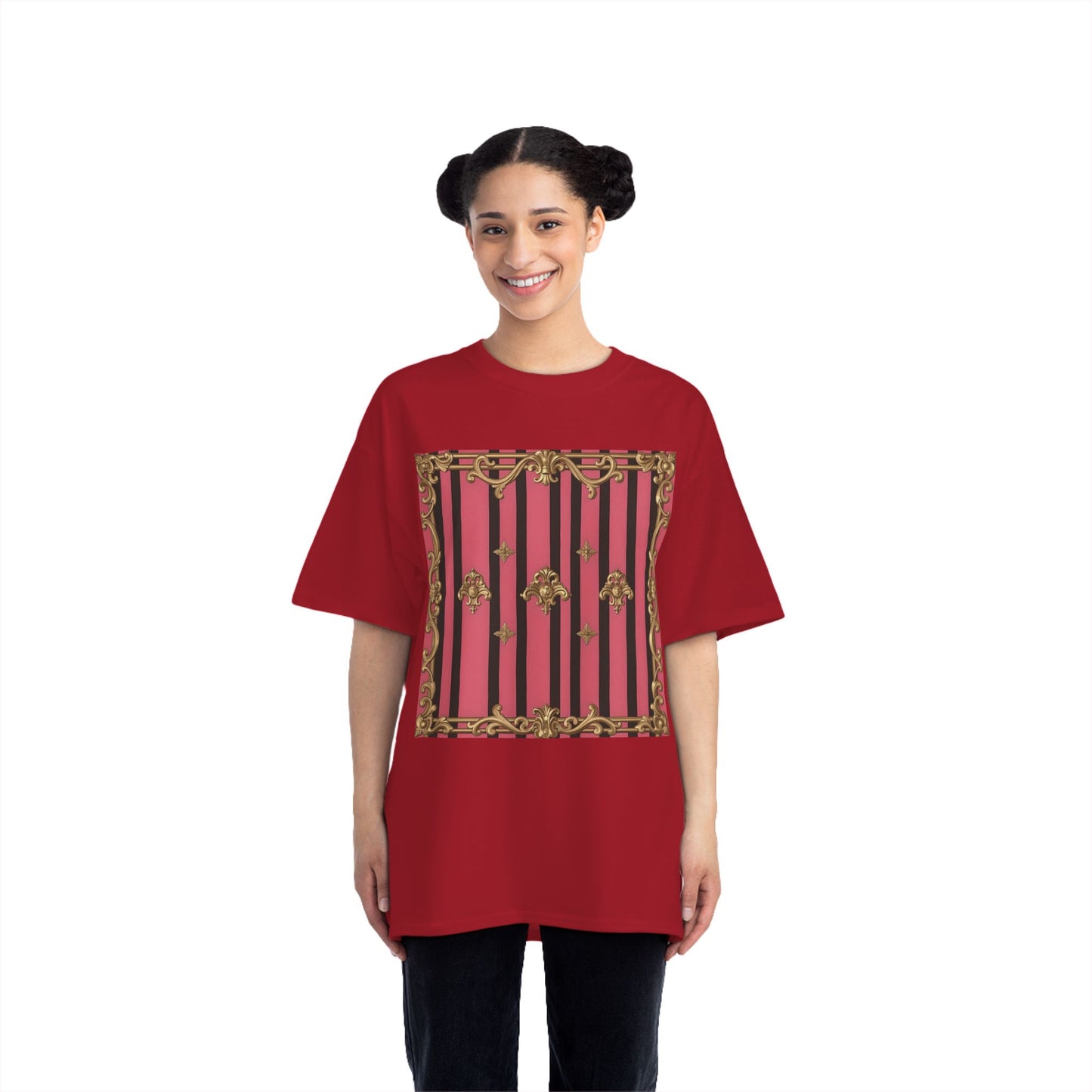 Elegant Baroque Short-Sleeve T-Shirt - Artistic Fashion, Graphics Tee, Unique Gift, Stylish Apparel, Casual Wear - Pink Striped Gold Rococo