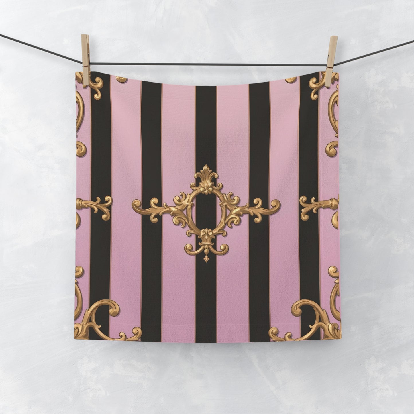 Elegant Decorative Face Towel - Luxurious Home Spa Accents, Gifts for Her, Bathroom Decor - Matte Lavender & Black Striped Gold Baroque