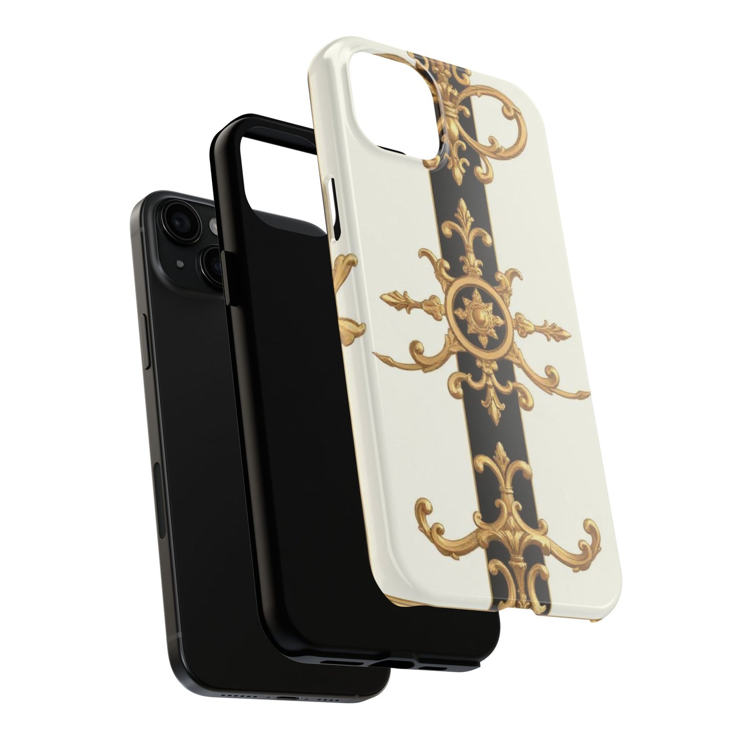 Elegant Baroque Tough Phone Case | Stylish Protection for Your Device, Gift for Her, Phone Accessories - Black & White Striped Gold Baroque