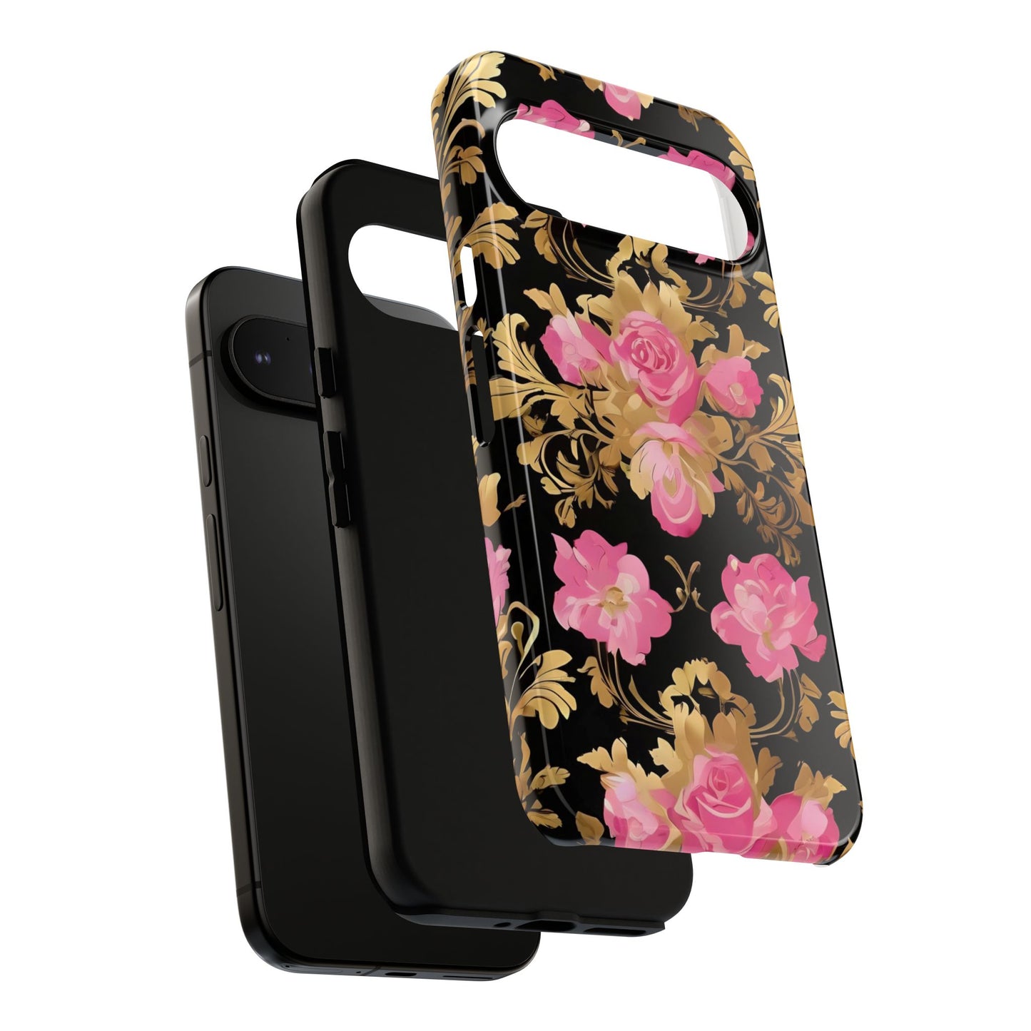 Elegant Floral Motif Phone Case - Tough Cases with Vintage Design - Pink & Gold Roses