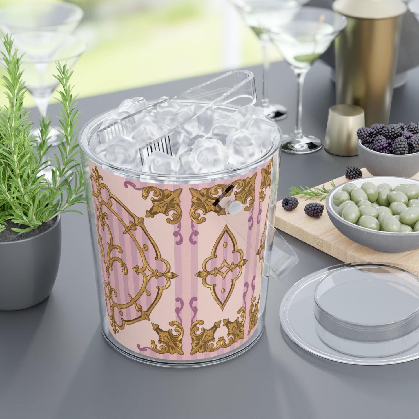 Elegant Lavender & Alabaster Striped Gold Baroque Decorative Ice Bucket with Tongs for Parties, Weddings, Home Bar, Summer Gatherings, Gift Idea