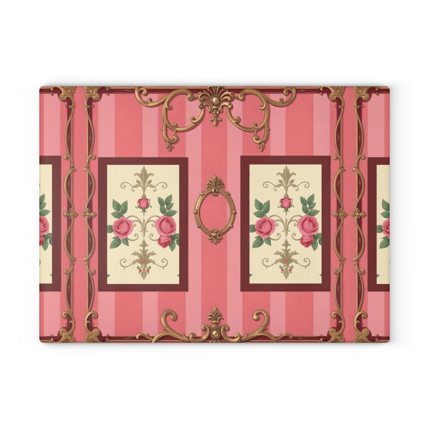 Elegant Floral Glass Cutting Board - Vintage Pink Design for Home Cooking - Pink Striped Baroque & Roses
